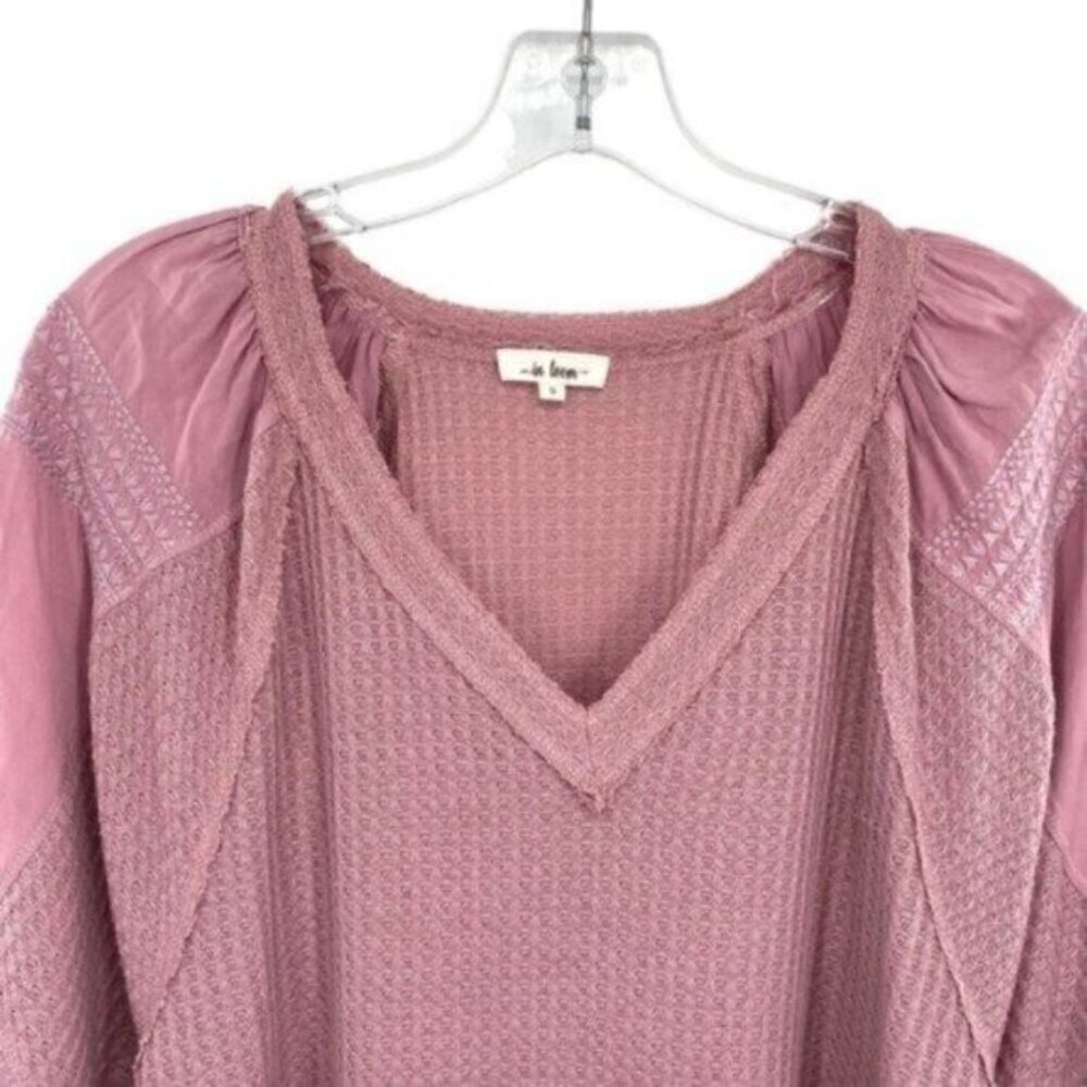 In Loom Waffle Knit Top Mauve Embroidered Puff Sleeve - Picture 2 of 9